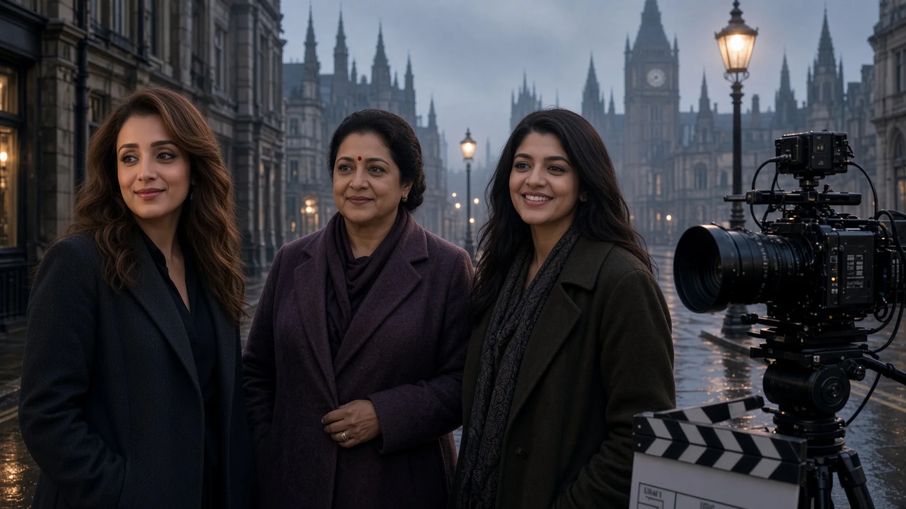 Trisha Krishnan, Radhika Sarathkumar and Aparna Balamurali on a London film set for their newly announced Tamil psychological horror project.